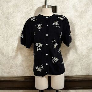Vintage Alfred Dunner Daisy Black Short Sleeve Cardigan Top Button M